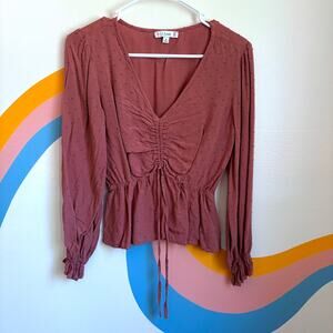 Romantic Mauve Top Womens Small Peplum Swiss Dot Long Sleeve Tie Ruched